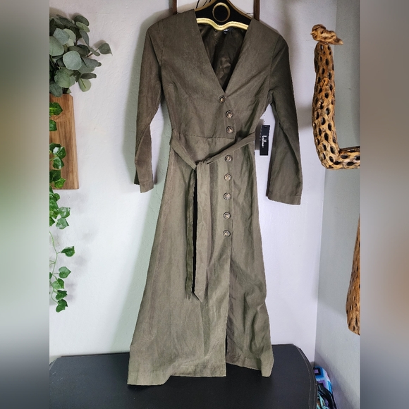 Lulu's Pull Me Close Olive Green Suede Button Up Midi Dress Size Small - Picture 5 of 13
